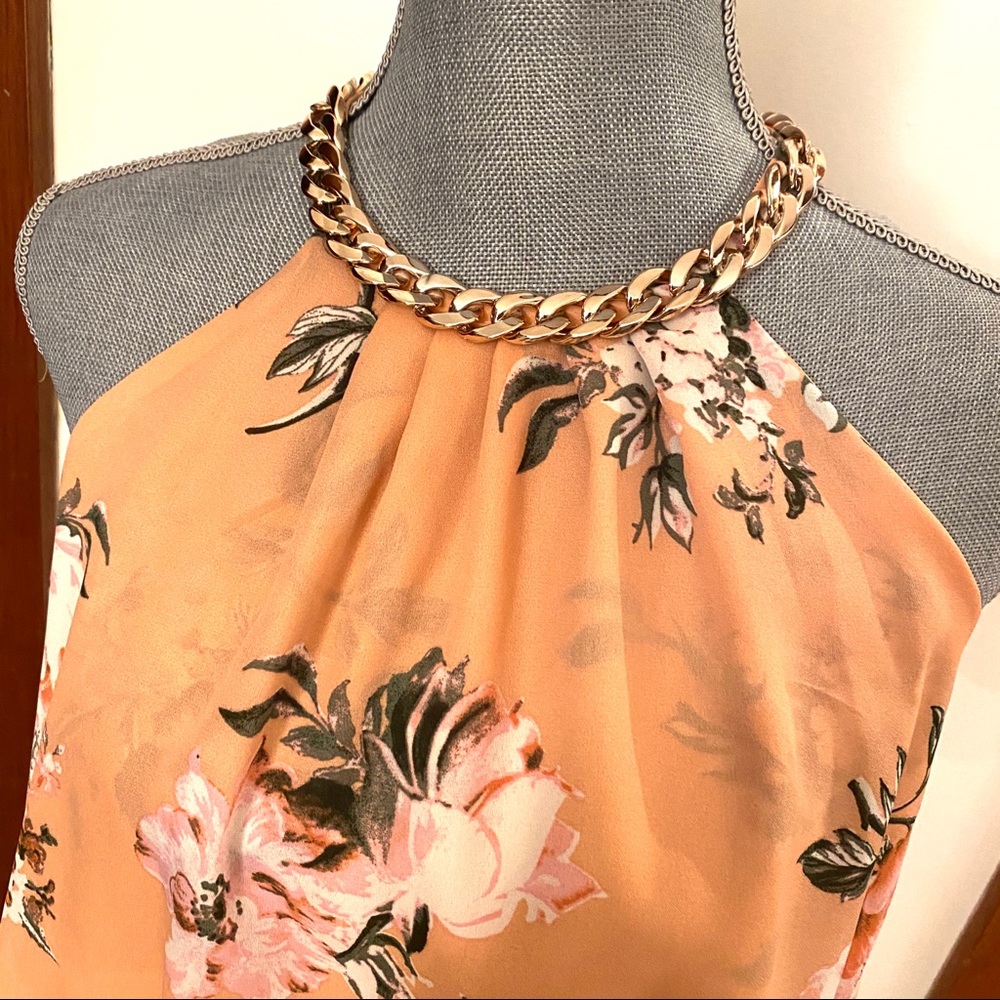 Dressy floral halter top with gold chain neckline